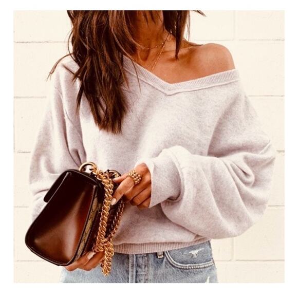 Free People Love Like This Cashmere Sweater V Neck Gray Women’s Small Crop - Picture 1 of 11
